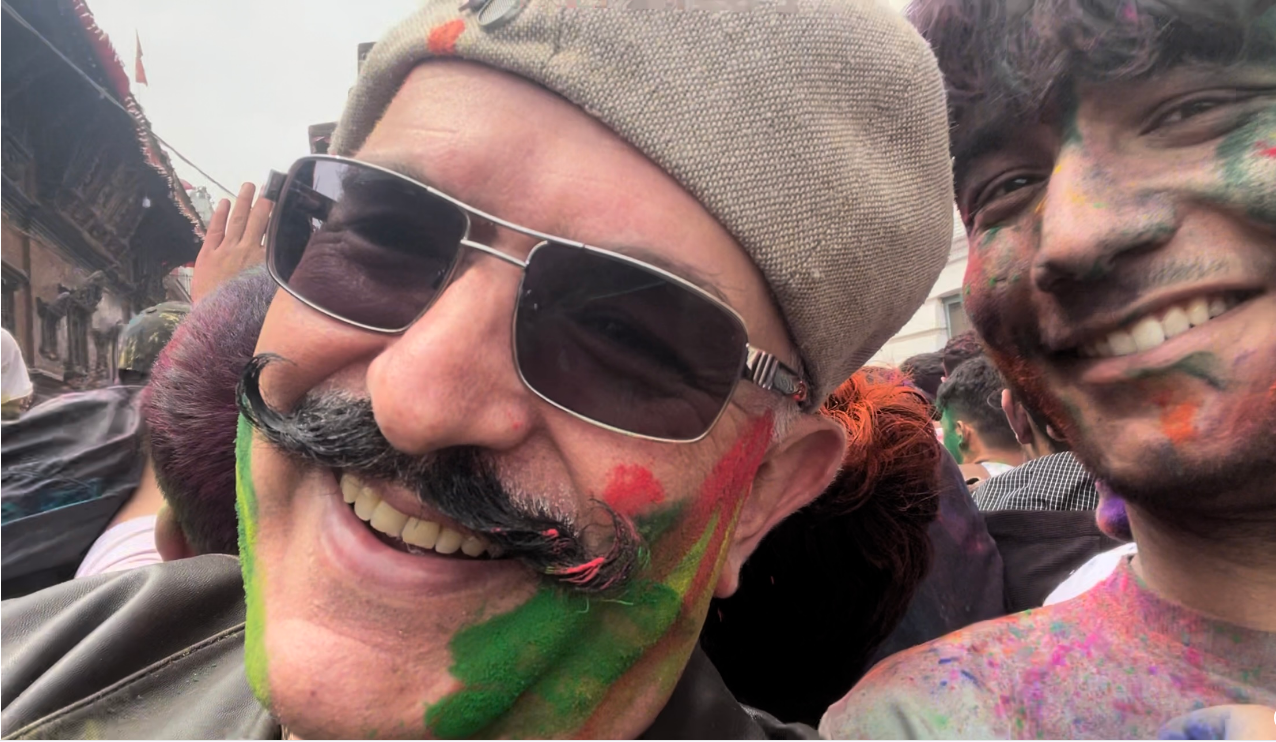 Peter Mousaferiadis selfie at Holi festival, Kathmandu, March 2024