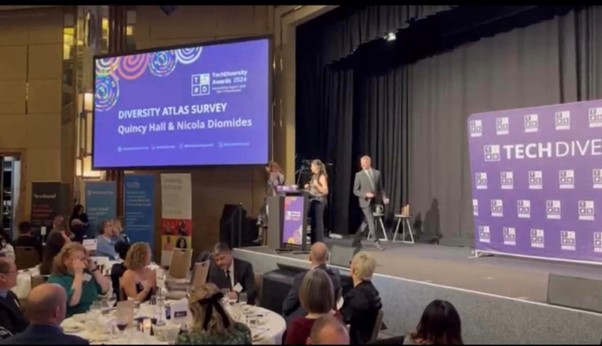 Nicola Diomides and Quincy Hall presenting at the annual TechDiversity Awards night