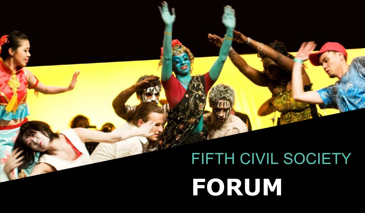 Cover of program with image of culturally diverse performance and text: FIFTH CIVIL SOCIETY FORUM