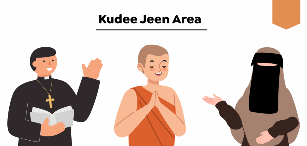 cultural diversity in Kudee Jeen: a Catholic priest, a Buddhist monk, a woman in hijab