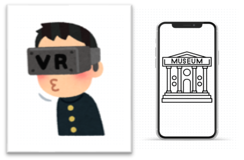 Person with a VR device / mobile phone showing a museum app
